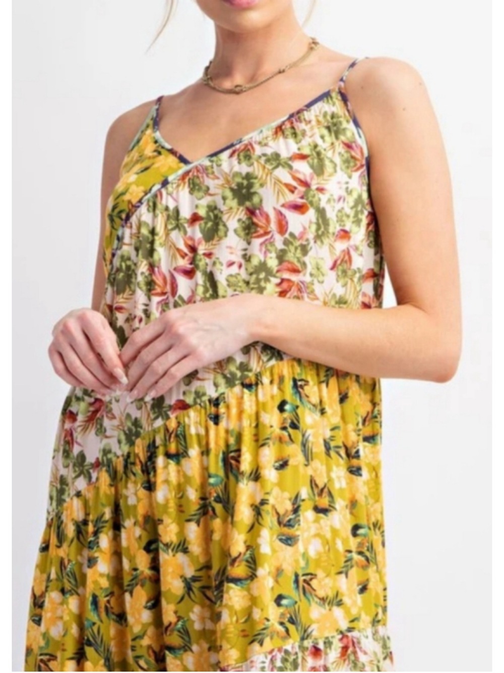Easel Yellow Floral Print Tiered Patchwork Maxi Sundress Size L (22”-24”PTP) NWT - Picture 5 of 9